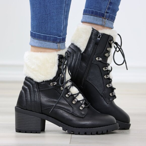 Black Lace Up Ankle Boots Chunky Heel Faux Fur Lined - Picture 1 of 16